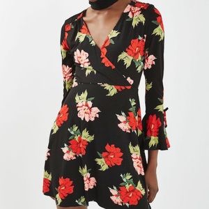 TopShop Floral Wrap Skater Dress w/ flare sleeves
